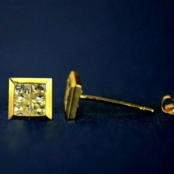 Solid 14K Gold Fancy Post Square Cubic Zirconia Stud Push Back Earrings 7x7mm - Picture 4 of 5